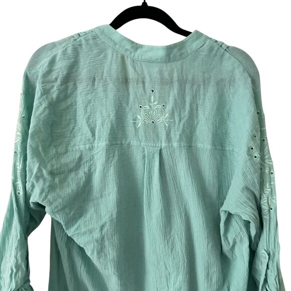 Soft Surroundings Seafoam Green Button Up Embroidered Cotton Tunic Size L - Picture 3 of 7